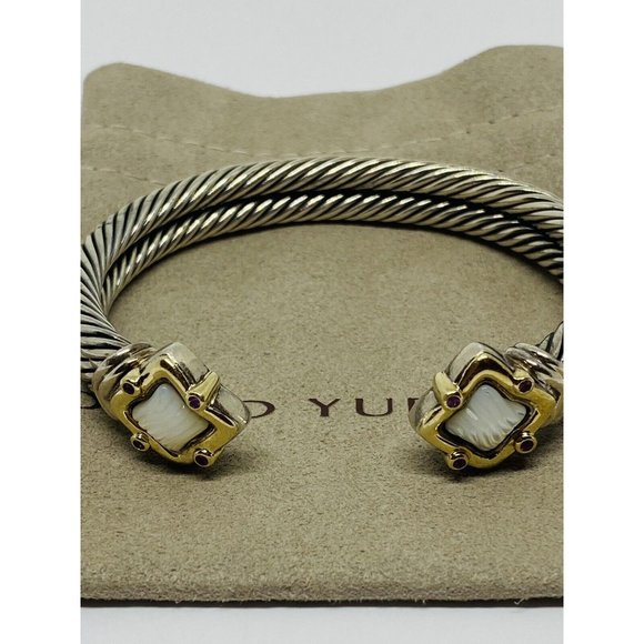 David Yurman Double Cable Sterling 18K Quatrefoil Carved Mother Pearl Bracelet - Picture 1 of 10